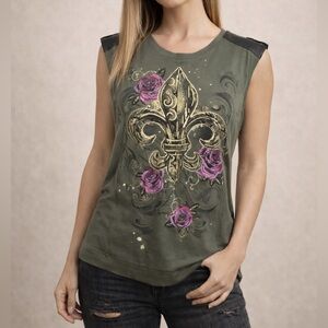 Y2K Bongo Top Womens M Green‎ Faux Leather Trim Gothic Grunge Fleur De Lis Punk